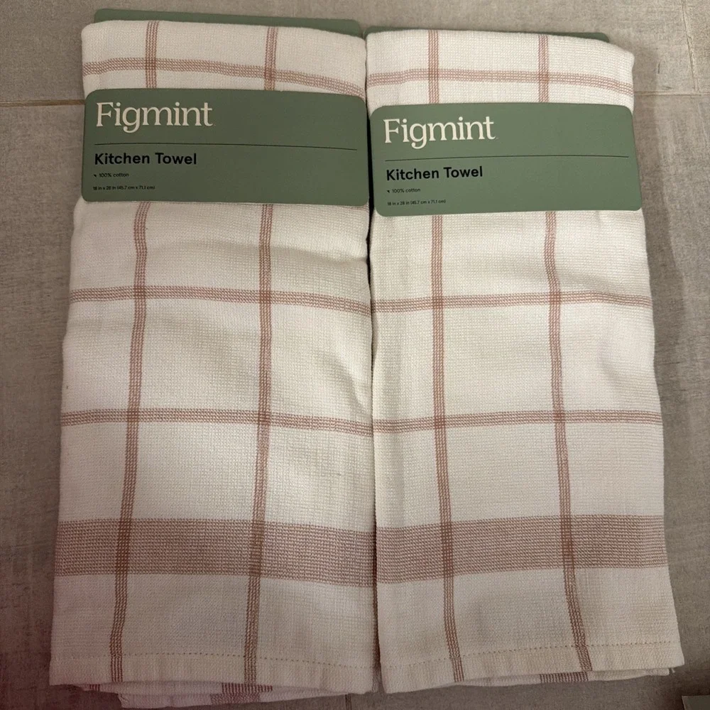 Figmint Kitchen Towel Set Unisex 18x28 Off-White New Plaid Cotton 2-Pack